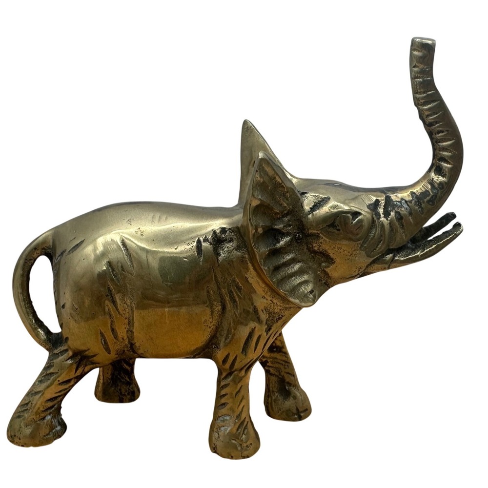 Vintage Brass Elephant Statue Midcentury Trunk Up Good Luck Figurine MCm